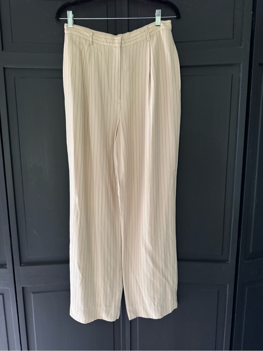 Vintage Anne Klein II Women's Beige Pinstripe Wide-Leg Trousers